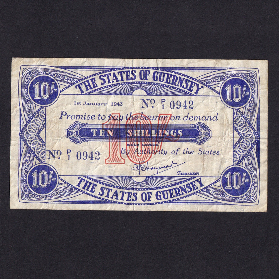 Guernsey (P32) 10 Shillings, 1st January 1943, P/1 0942, G244, Fine