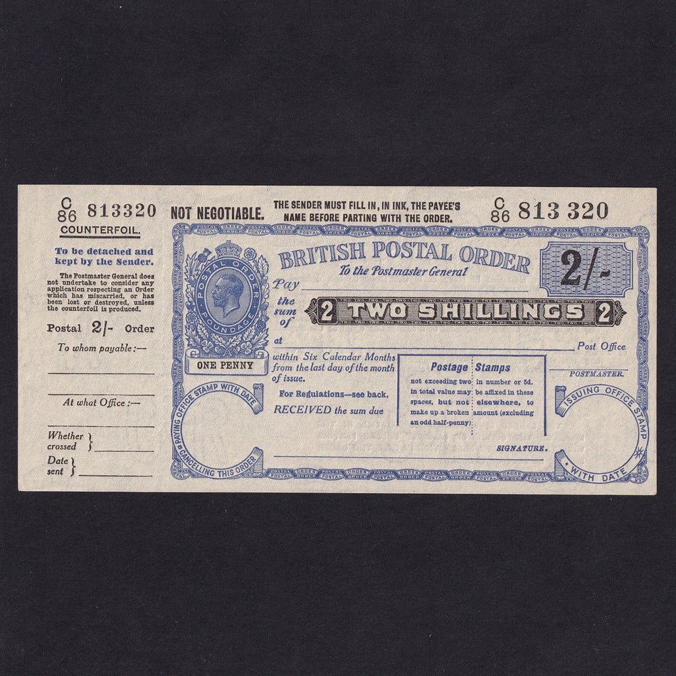 British postal order KGV , 2 Shillings, no date, no.C86 813320, with counterfoil, Good EF