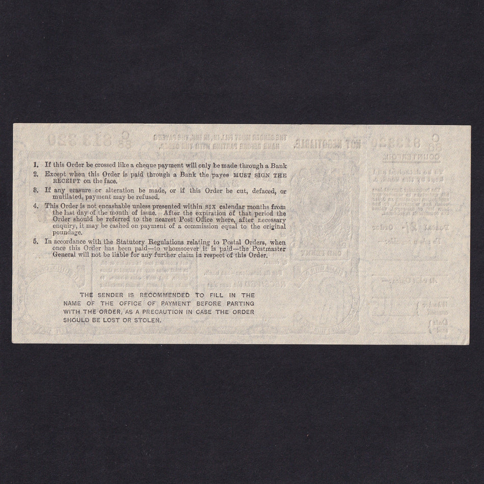 British postal order KGV , 2 Shillings, no date, no.C86 813320, with counterfoil, Good EF