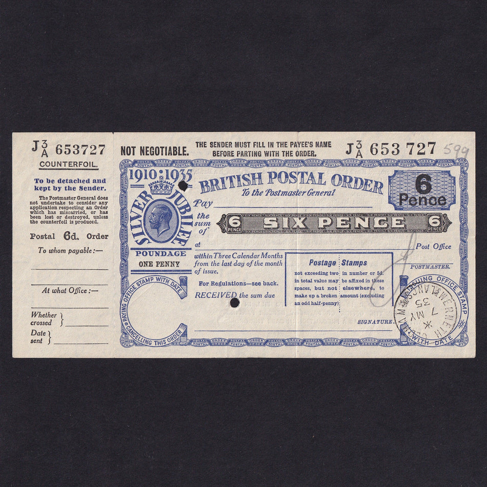 British postal order, Six Pence, 1935, KGV Silver Jubilee, with counterfoil, J 3/A 653727, EF