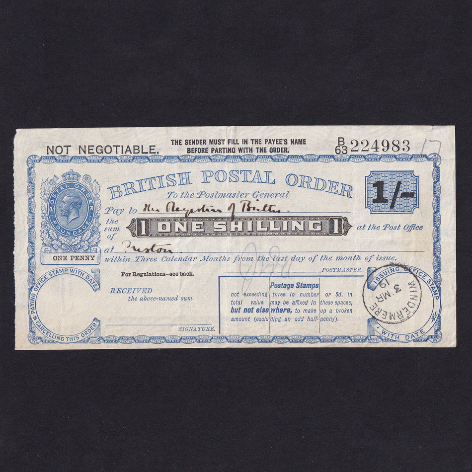 British postal order, 1 Shilling, 1919, George V, Windermere, no.B63 224983, EF