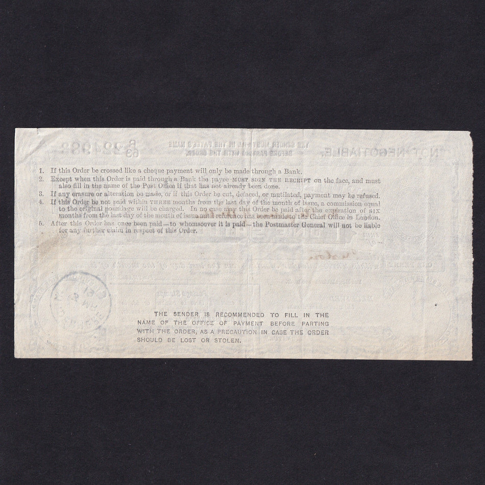 British postal order, 1 Shilling, 1919, George V, Windermere, no.B63 224983, EF