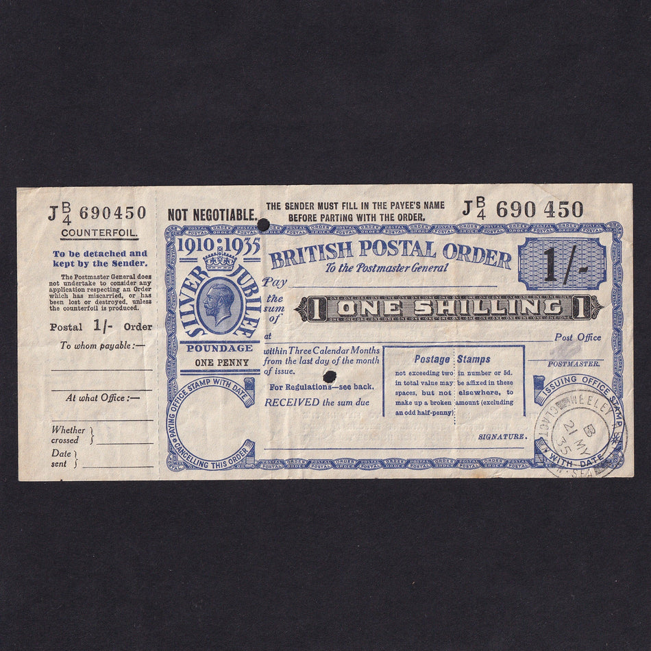 British postal order, 1 Shilling, 1935, George V Silver Jubilee, with counterfoil, no.J B/4 690450, VF