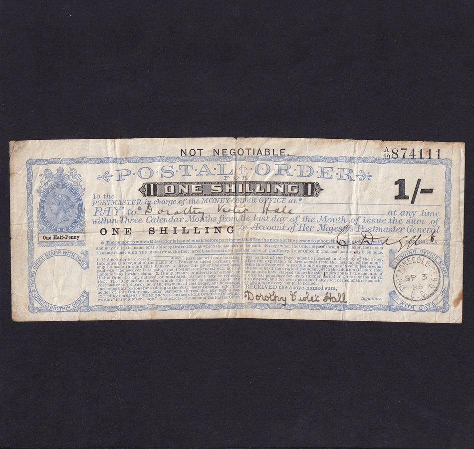 British postal order, 1 Shilling, 1895, Victoria, 3rd series, A39 874111, Threadneedle Street, VG