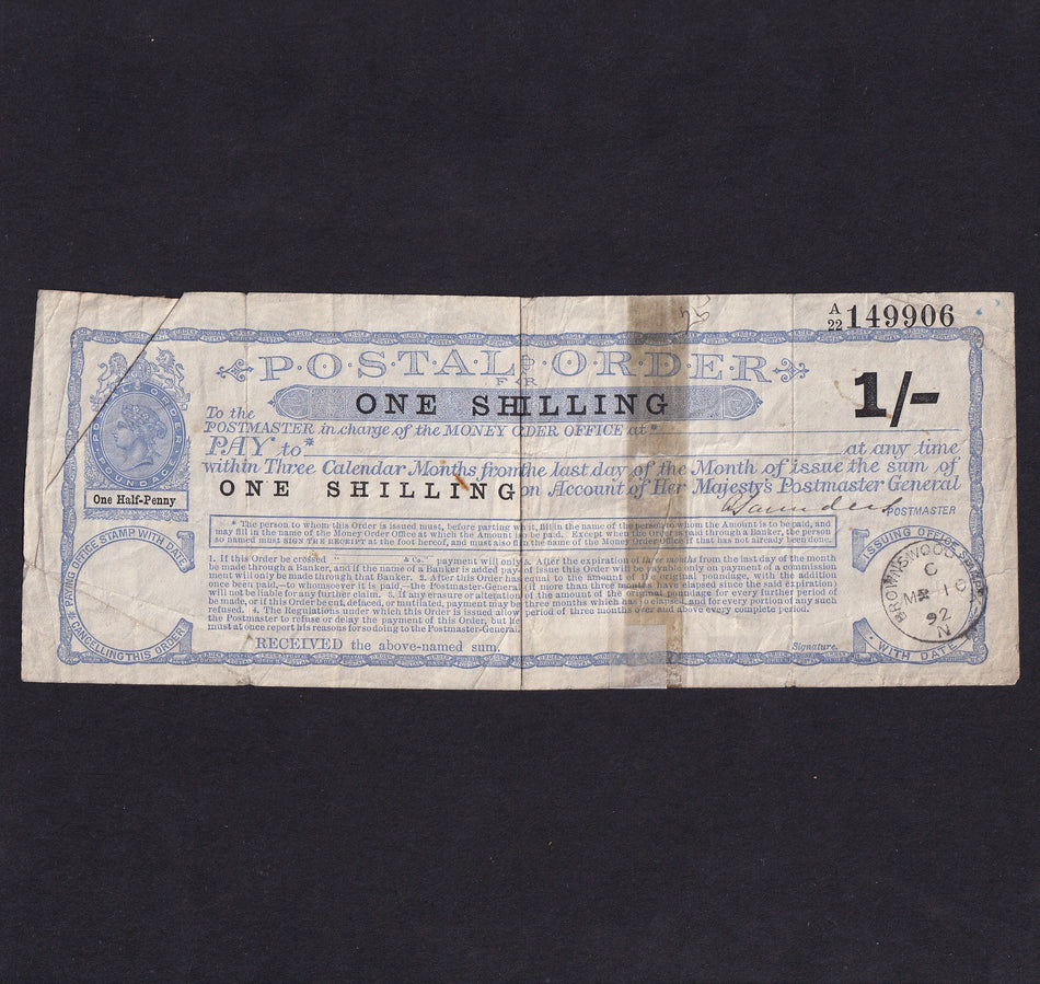 British postal order, 1 Shilling, 1892, Victoria, 2nd series, A/22 149906, Brownswood, tape mark, VG