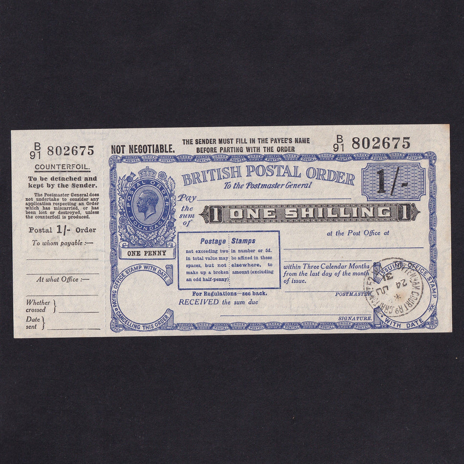 British postal order, 1 Shilling, 1931, George V, B91 802675, with counterfoil, EF