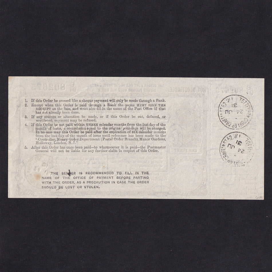 British postal order, 1 Shilling, 1931, George V, B91 802675, with counterfoil, EF