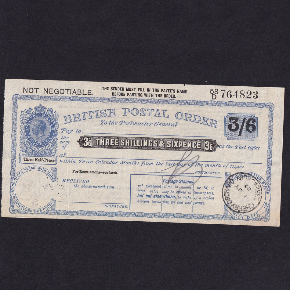 British postal order, 3 Shillings & 6 Pence, 1922, George V, 58/D 764823, Cherryorchard, EF
