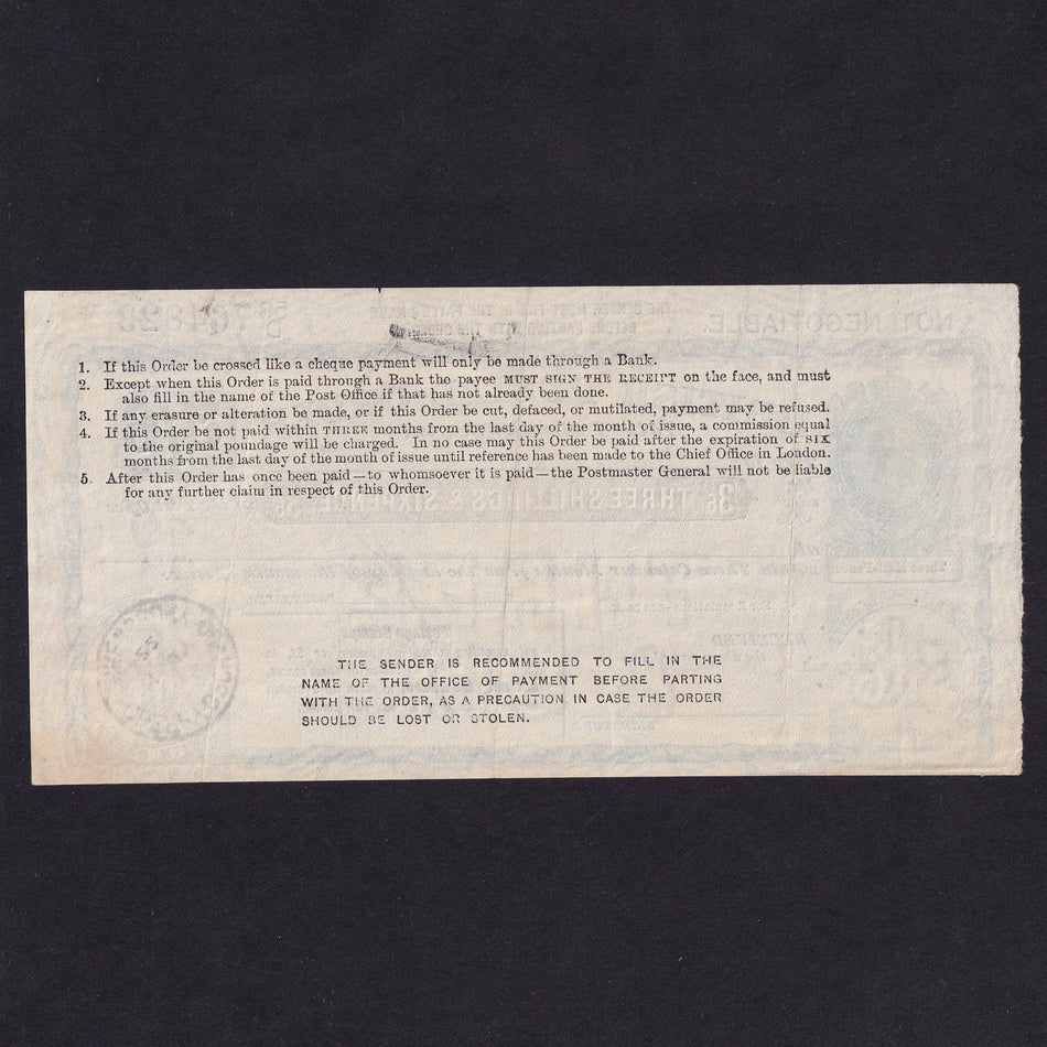 British postal order, 3 Shillings & 6 Pence, 1922, George V, 58/D 764823, Cherryorchard, EF