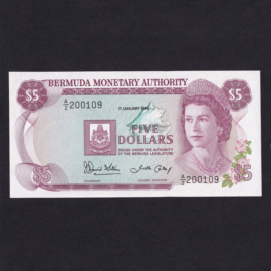 Bermuda (P29c) $5, 1st January 1986, Bermuda Monetary Authority, A/2 200109, signature 6 but note number 109 as this signature starts on 200000, UNC