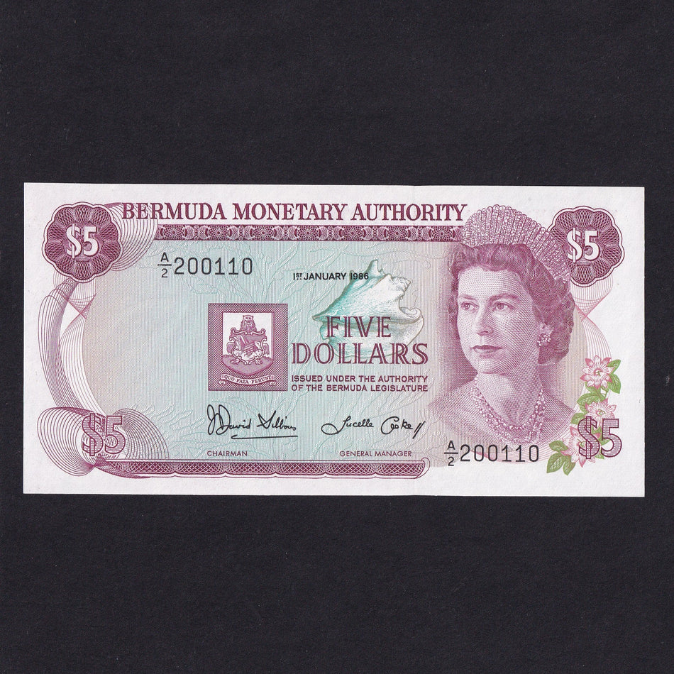 Bermuda (P29c) $5, 1st January 1986, Bermuda Monetary Authority, A/2 200110, signature 6 but note number 110 as this signature starts on 200000, UNC