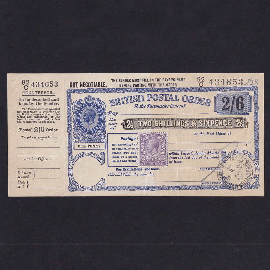 British postal order, 2 Shillings & 6 Pence, 1932, George V, 92/C 434653, with counterfoil, rust, EF