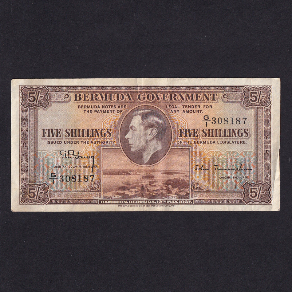 Bermuda (P8b) 5 Shillings, 1937, KGVI, G/1, rust, VF