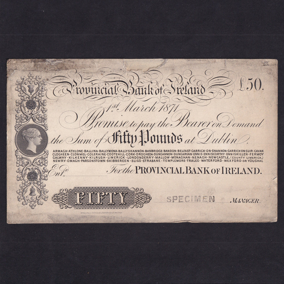 Ireland (P325) Provincial Bank of Ireland, £50 obverse proof, 1st March 1871, specimen stamp, PR56, mounted on card, damage, VG