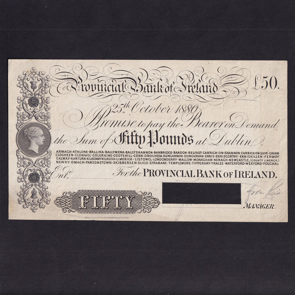 Ireland (P325) Provincial Bank of Ireland, £50 obverse proof, 25th October 1880, PR56, signature area cut cancelled, VF