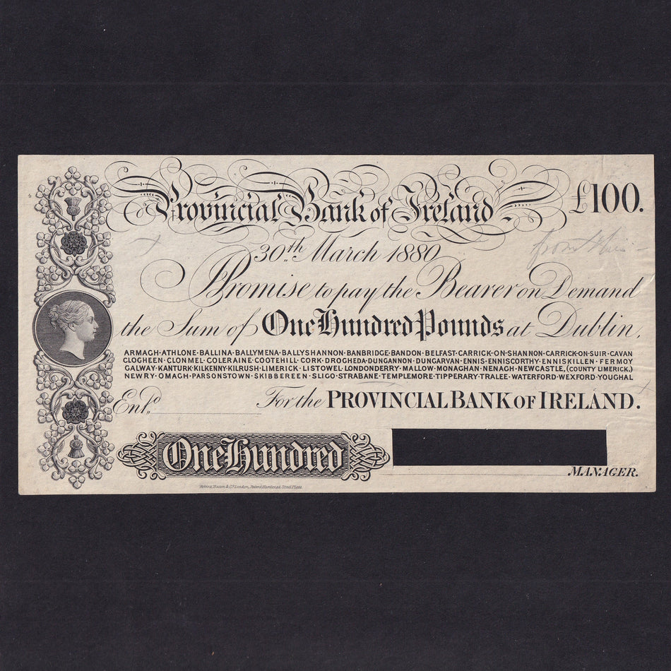 Ireland (P326) Provincial Bank of Ireland, £100 obverse proof, 30th March 1880, PR57, signature area cut cancelled, VF
