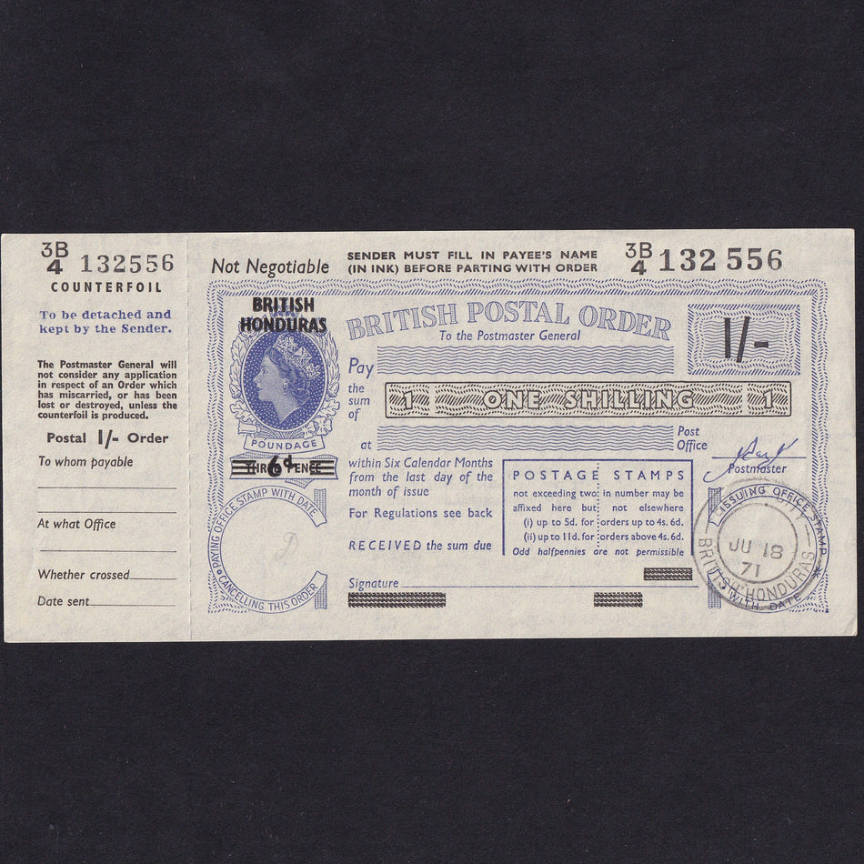 British Honduras, 1 Shilling Postal Order, 1971, QEII, 3B4 132556, Good EF