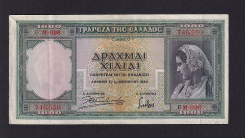 Greece (P110a) 1000 Drachmai, 1939, woman in national costume , EF