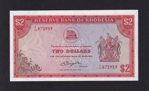 Rhodesia (P39) $2, 10th April 1979, bird watermark, UNC