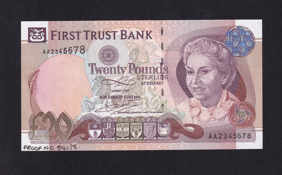 Northern Ireland (P137) £20 proof, First Trust Bank, McDade signature, AA2345678, PMI FT10s, A/UNC