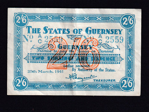Guernsey (P18) G230 ( only 230 notes outstanding )2/6d, 25th March 1941, A/C 2559, complete letters of "UER" in wmk of GUERNSEY, VF