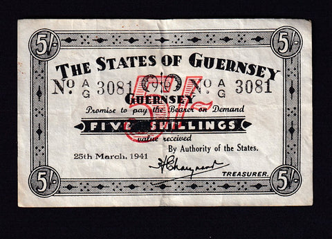 Guernsey (P19)G231 ( ONLY 231 notes outstanding )  5 Shillings, 25th March 1941, A/G 3081 . A/VF