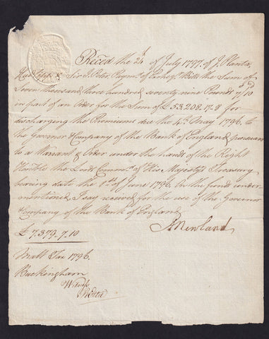 Reciept for Malt Tax via Bank of England 1796 for £7,379 7/- 10d signed Abraham Newland Fine