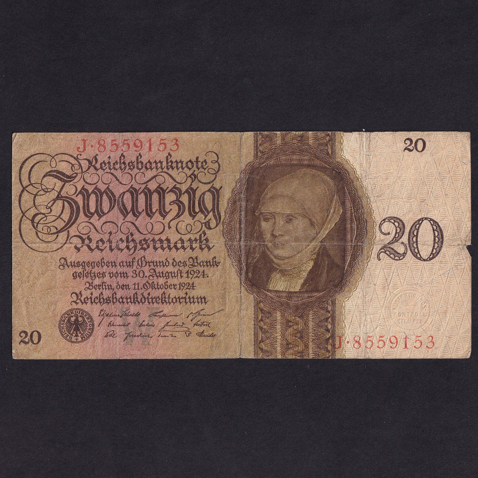 Germany (P176) 20 Reichsmark, 11th October 1924, portrait of woman by Holbein, no.J8559153, VG/Fine