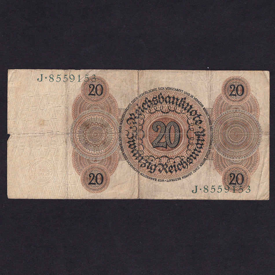 Germany (P176) 20 Reichsmark, 11th October 1924, portrait of woman by Holbein, no.J8559153, VG/Fine