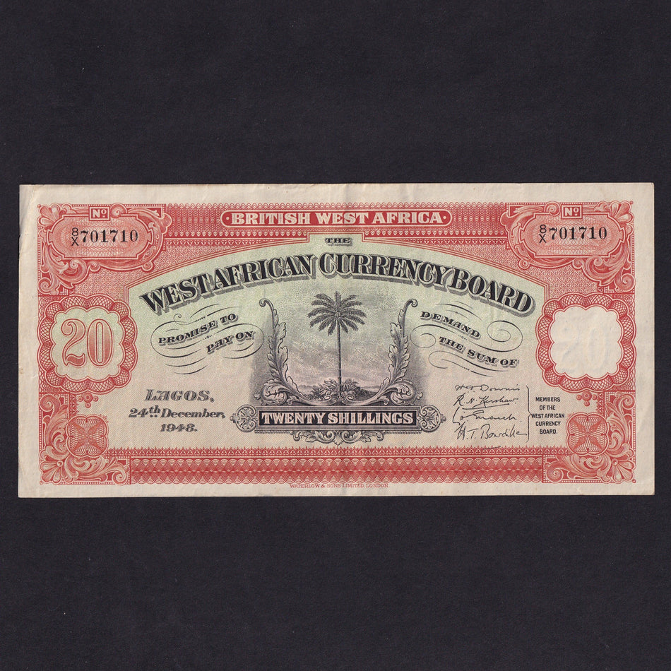 British West Africa (P8b) 20 Shillings, 24th December 1948, 8/X 701710, marks reverse, Good VF