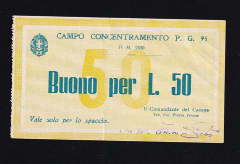 Italy, Campo Concentramento, 50 Lire, P. G. 91, Campbell 6159, very rare, WWII, two 8mm tears, otherwise EF