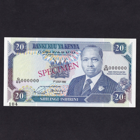 Kenya (P25c) 20 Shillings specimen, 1st July 1990, F/85 000000, specimen in red, UNC