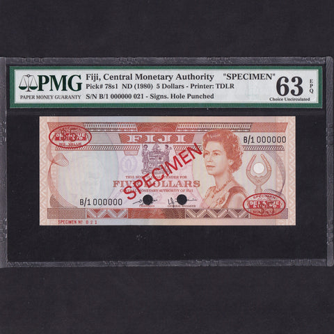 Fiji (P.78s1) $5 specimen, ND (1980), Central Monetary Authority of Fiji, PMG63, UNC