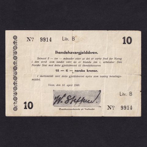 Norway (PM2) 10 Kroner, 1940, General Steffans, printed signature, No.9914, edge damage, Fine