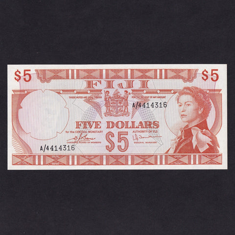 Fiji (P.73c) $5, 1974, for the Central Monetary Authority of Fiji, QEII, A/4 414316, Barnes/ Tomkins signatures, UNC