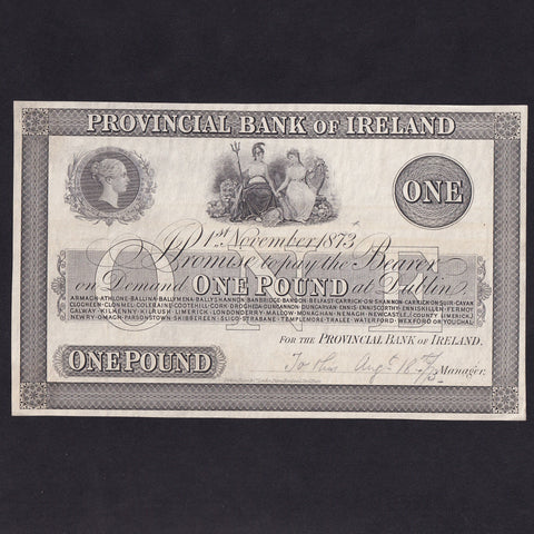 Ireland, £1 proof on paper, Provincial Bank of Ireland, 1st November 1873, no signatures or serial numbers, pencil annotation in signature strip, light mounting traces reverse, PMI PR51, Pick 320p, A/UNC