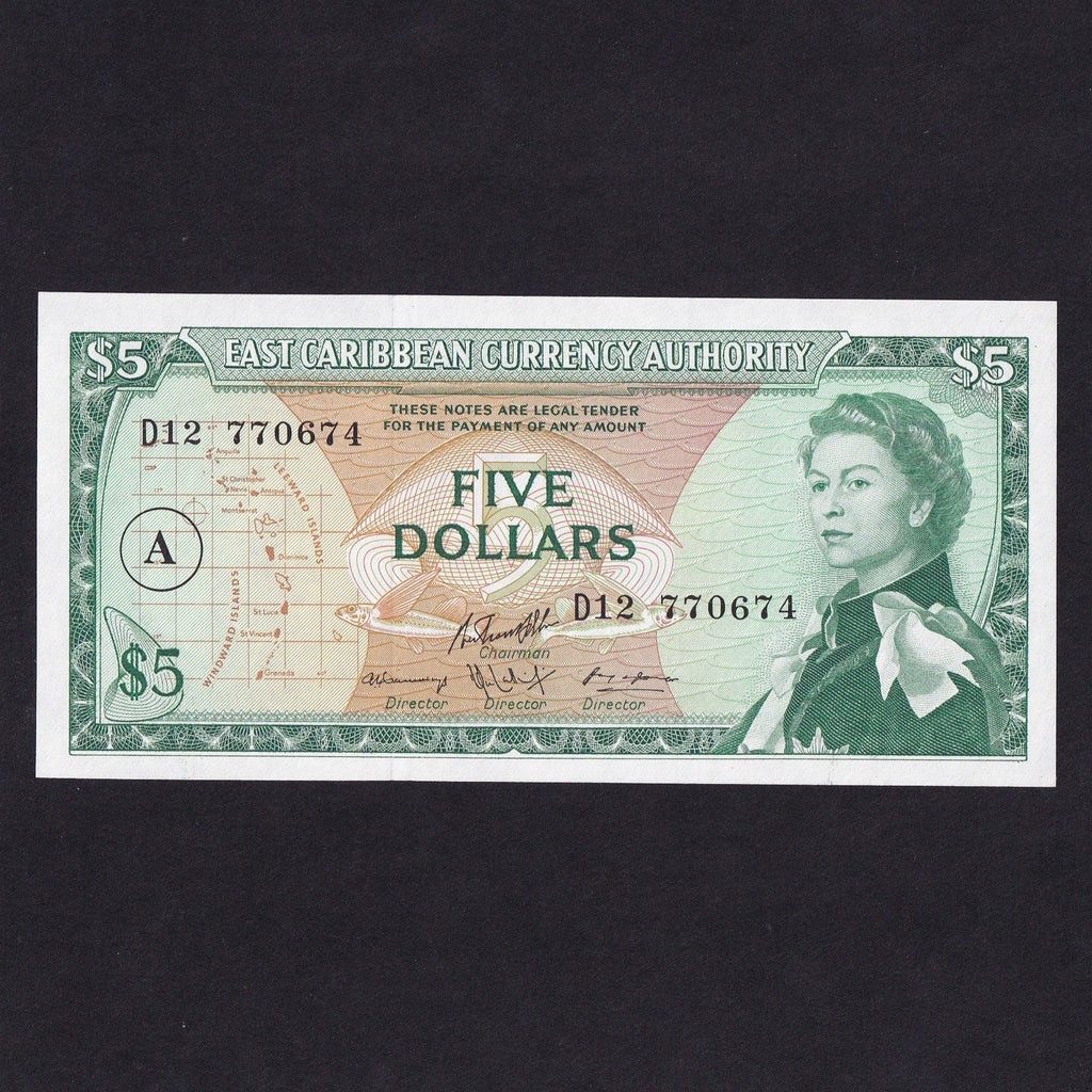 East Caribbean (P14i) $5, QEII, variety 3, code letter A, UNC
