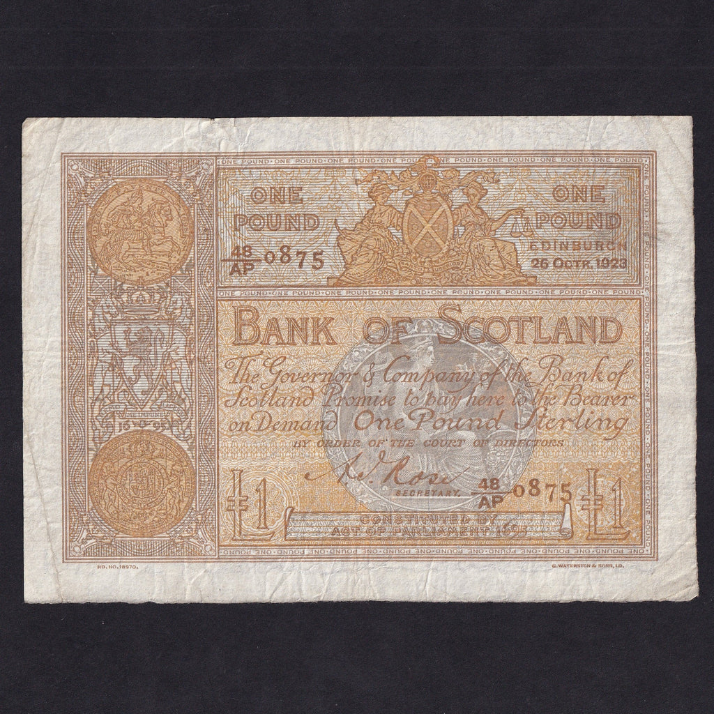 Scotland (P.81d) Bank of Scotland, £1, 26th October 1923, Rose signature, 48/AP 0875, BA89e VF