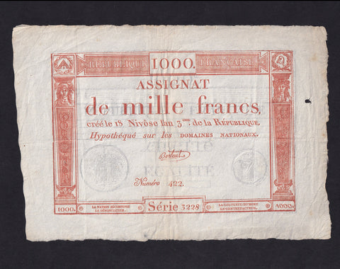 France (Assignats, PA80) 1000 Francs, 1795, red, series 3228, Bertaut, VF