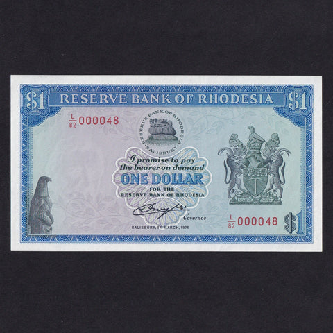 Rhodesia (P30L) $1, 1st March 1976, this is note 48 of the date, L/82 000048, UNC