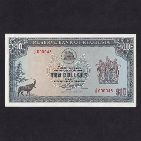 Rhodesia (P33j) $10, 1st March 1976, this is note 48 of the date, J/40 000048, Good EF