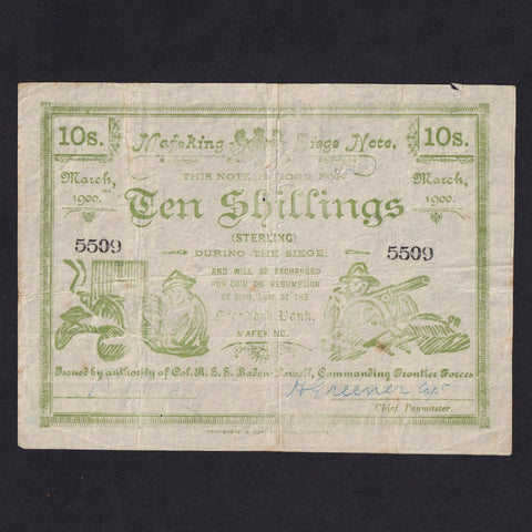 South Africa (PS654b) Mafeking Siege, 10 Shillings, 1900, 5509, edge nick, VF