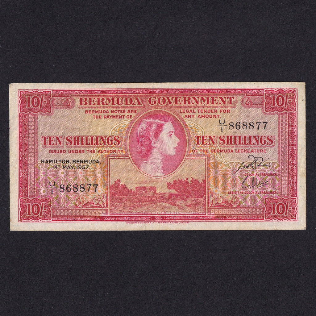 Bermuda (P19c) 10 Shillings, 1st May 1957, QEII, U/1 868877, A/VF