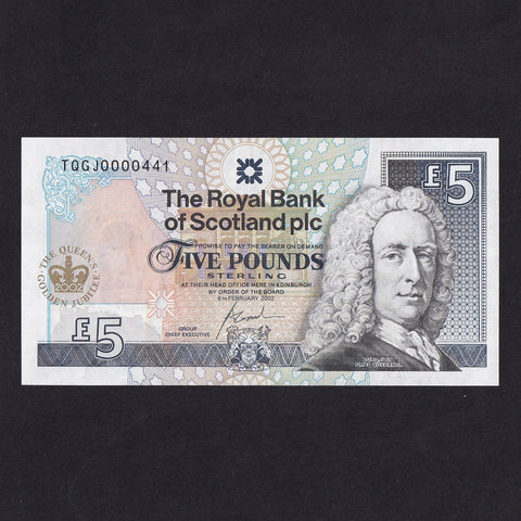 Scotland (P362) Royal Bank of Scotland, £5, 2002, Queen Elizabeth II Golden Jubilee, low serial, TQG J0000441, UNC