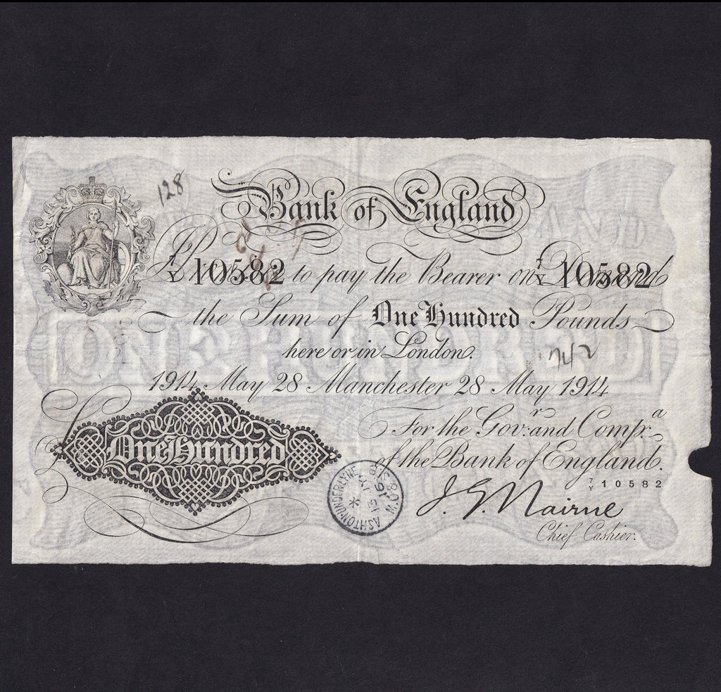 Bank of England (B208ff) Nairne, £100, 28th May 1914 Manchester branch, 7/Y 10582,( 73 recorded ) notations & handstamp, A/VF
