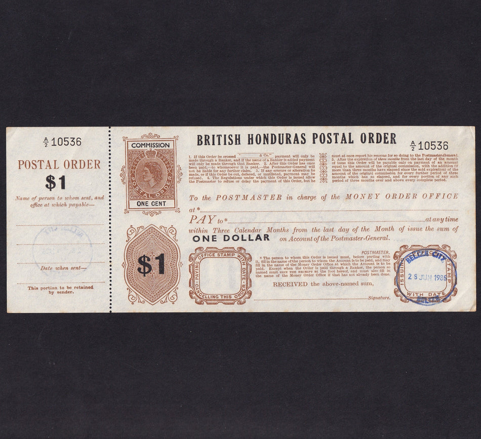 British Honduras, $1 postal order, 1985, QEII, A/2 10536, with counterfoil, unissued, Good EF