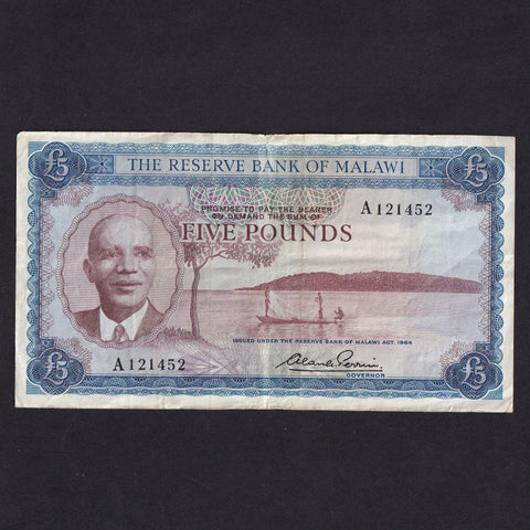 Malawi (P.4) £5, 1964, Banda, A121452, tear, Fine