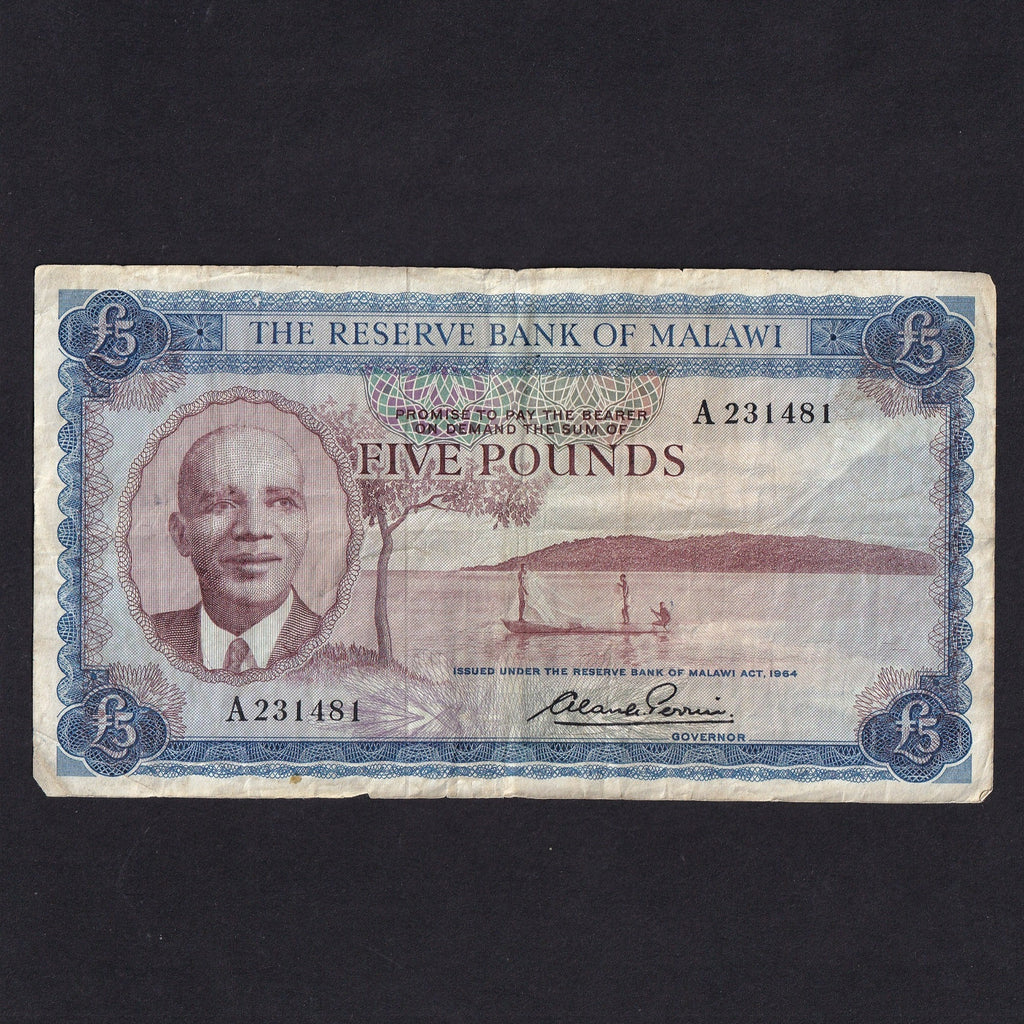 Malawi (P.4) £5, 1964, Banda, A231481, tear, Fine