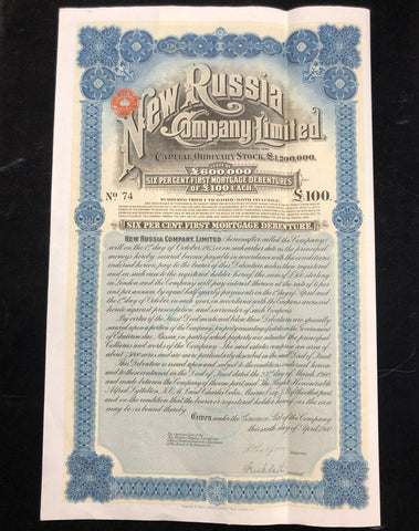 Ukraine, New Russia Company Ltd., £100 bond, 1910, large format, ornate border, blue & black, Waterlow, with coupons. Registered 1869 by Welshman John Hughes, to operate heavy industries, the town which grew around the factories was Hughesovka (Donetsk)
