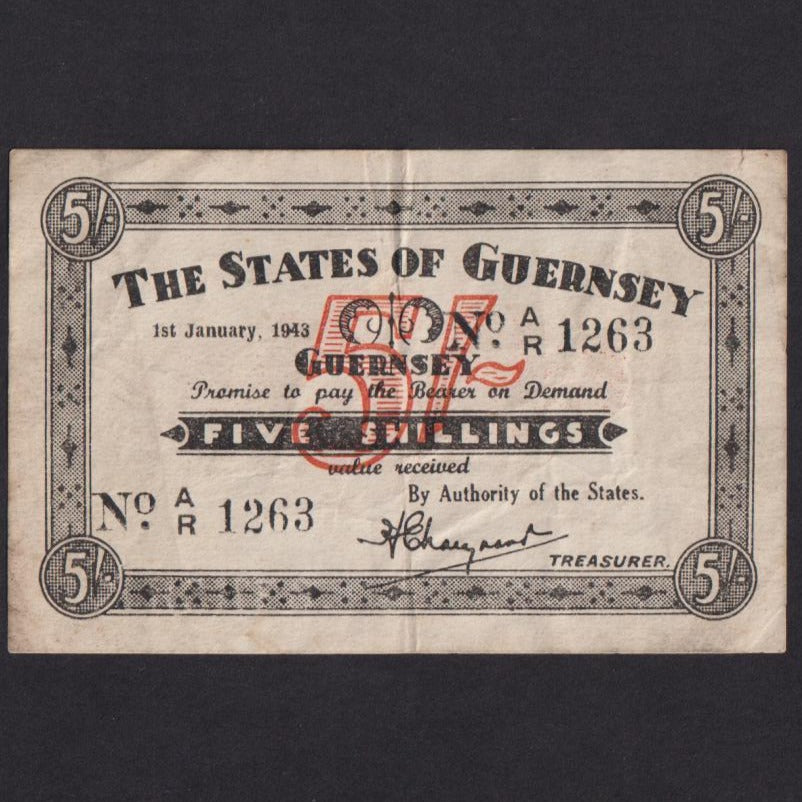 Guernsey (P31) G243 ( only 420 notes outstanding )  5 Shillings, 1st January 1943, A/R11263, rust, Fine